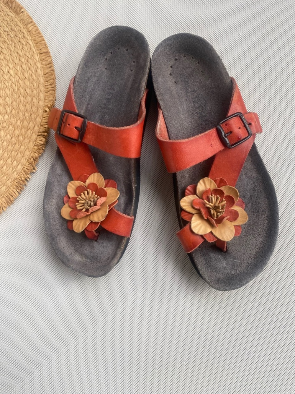 Mephisto Leather Sandals Floral Cork Footbed Boho